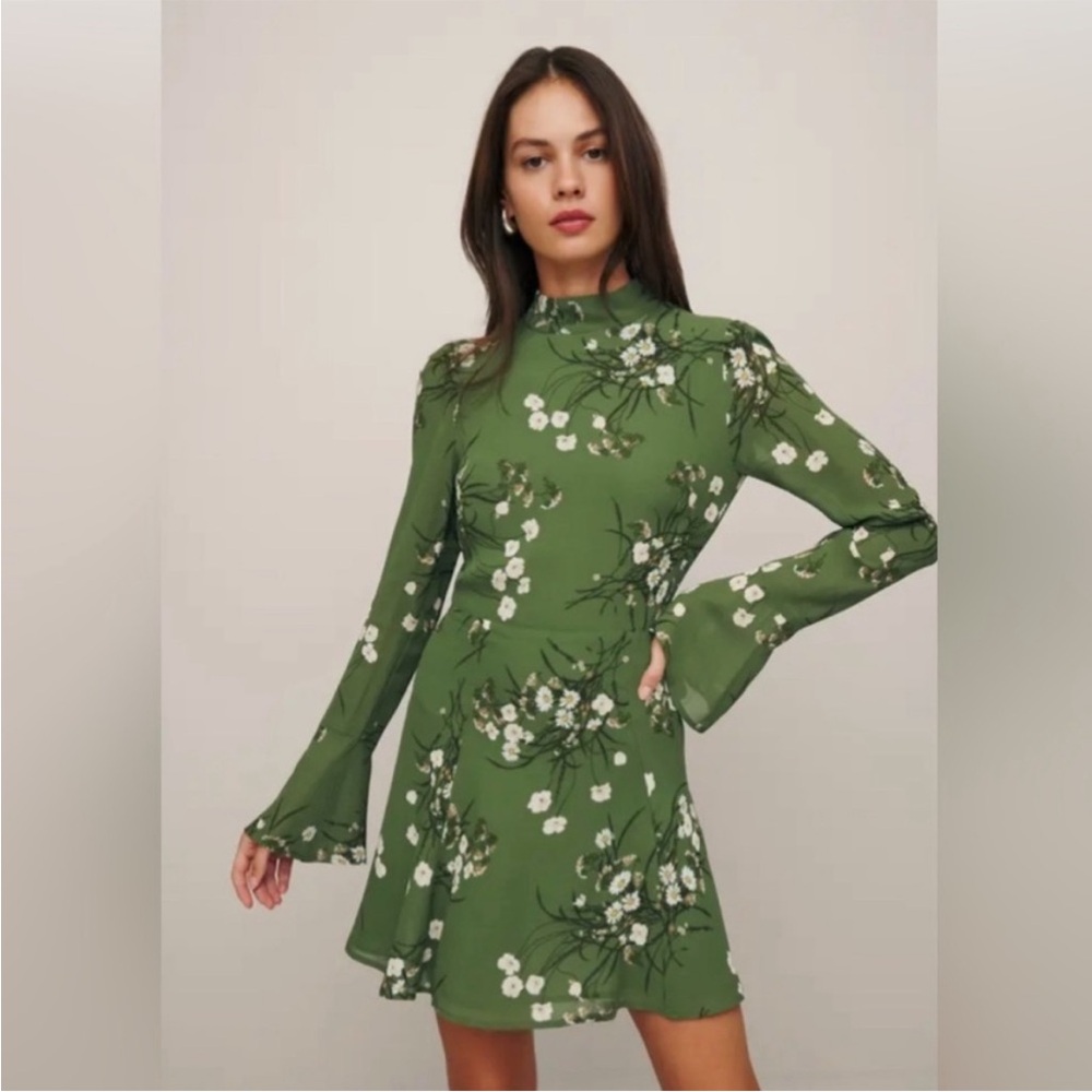 Reformation NEW Persis Dress in lomita green floral mockneck long sleeve